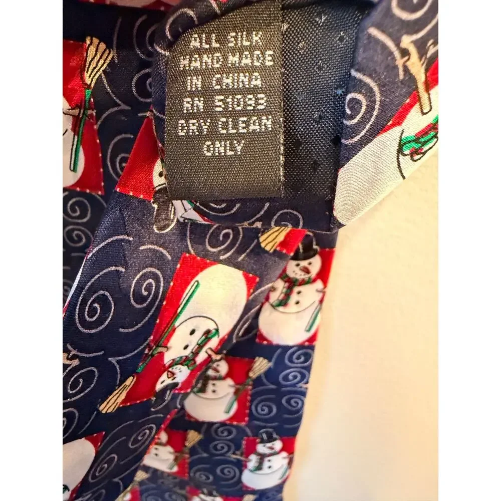 Vintage Holidays Silk Men's Tie - Festive Snowman Patchwork Pattern, Hand Made